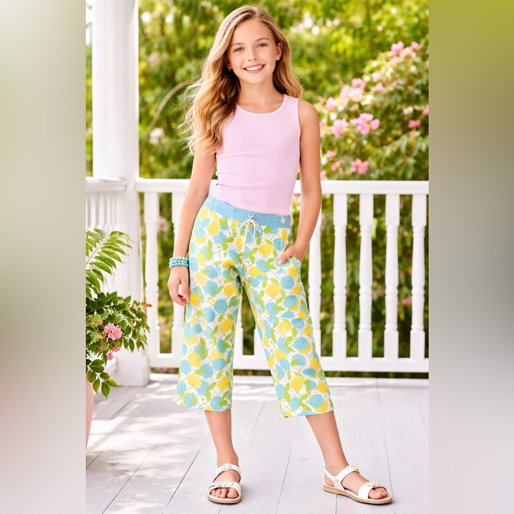 Lilly Pulitzer Girls Lemon Print Capri Pants Size 14 Cotton Drawstring vintage